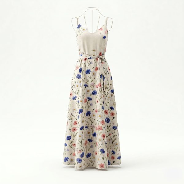 FloraBloom Women’s Cotton-Linen Maxi Summer Dress with Floral Print and Adjustable Waist